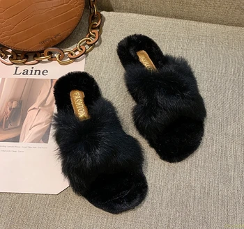 

2019 New Ladies Fluffy Rabbit Fur Slippers Casual Cross Soft Indoor Slides Furry Warm Lazy Quality Flip Flops Plush Shoes