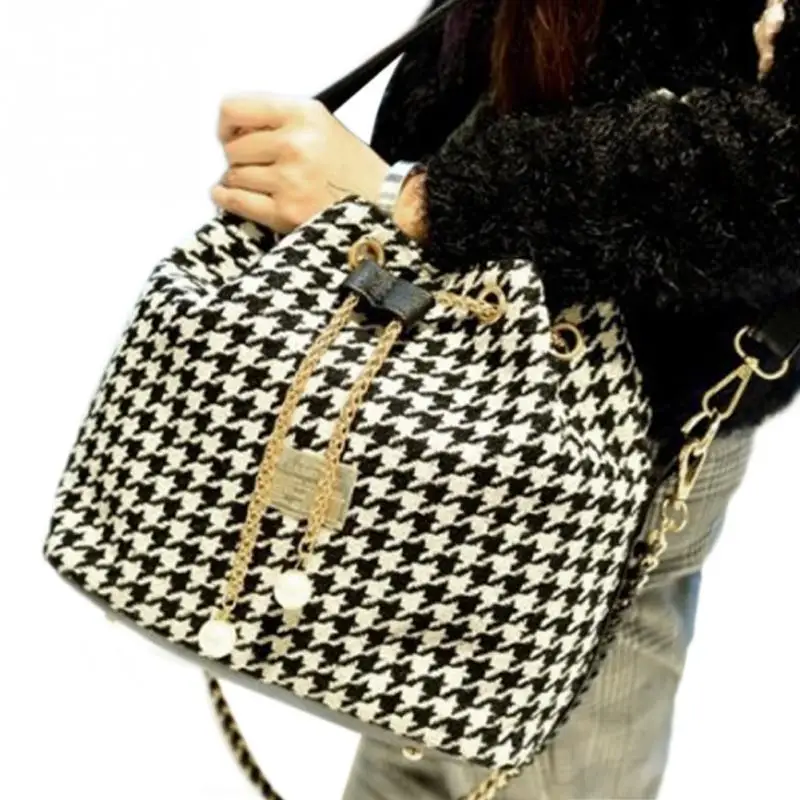 1PCS  Canvas Drawstring Bucket Bag Shoulder Handbags Women Messenger Bags PU Leather Printed Dating Street Gift