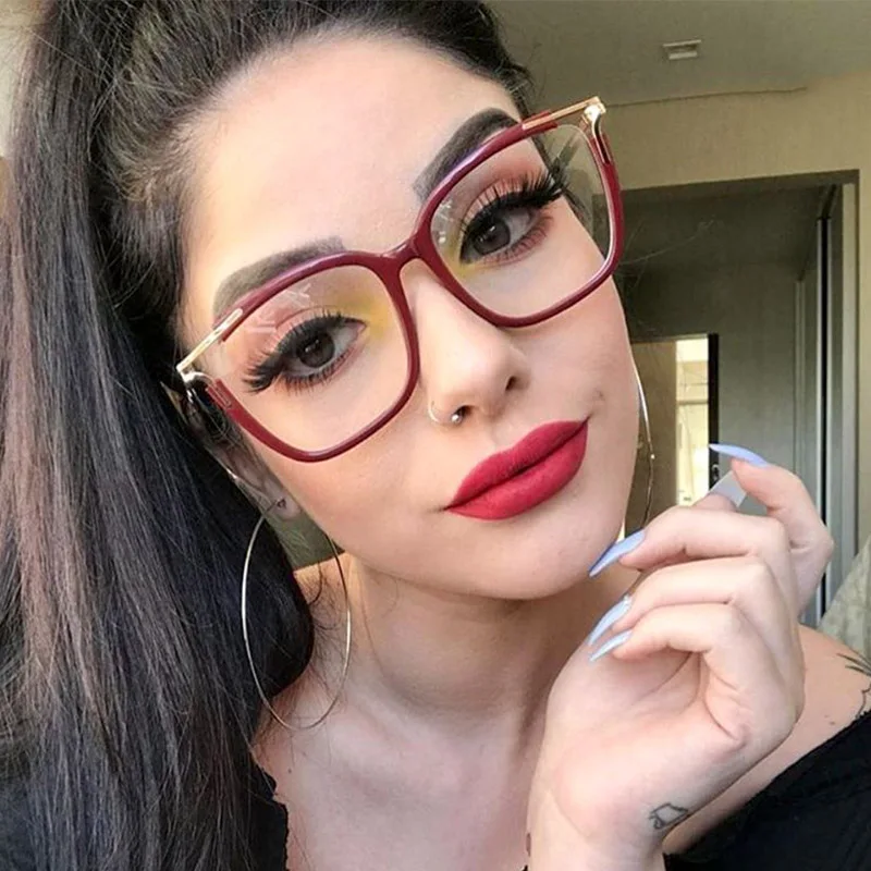 TR90 металлические красные очки кошачий глаз женские элементы прозрачные линзы