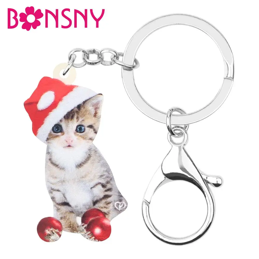 Bonsny Акриловая Рождественская Шляпа кошка котенок мяч брелок для ключей сумка