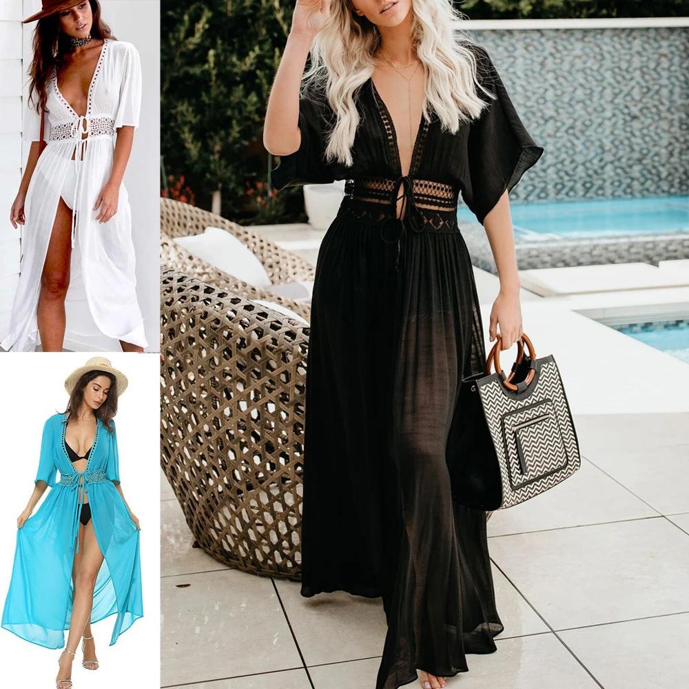 

Bikini Cover up Solid Hollow out Beach Dress Summer Chiffon Swimwear Women Long Sleeve Bathing Suit Cover up Sexy Swimsuit tunic