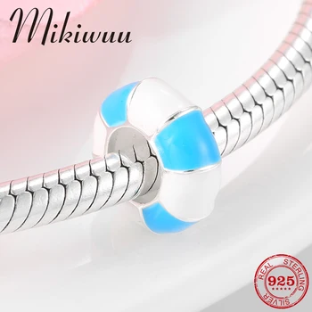 

925 Sterling Silver Swimming ring blue & white enamel Stopper spacer Beads Jewelry Making fit Original Mikiwuu charm Bracelets