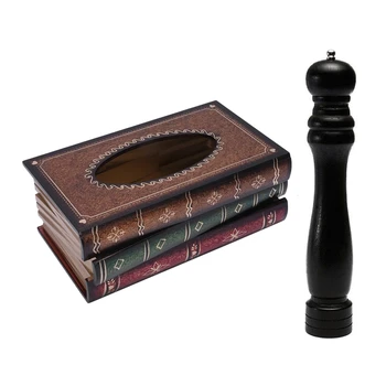 

1 Pcs Retro Style Book Shape Tissue Box & 1 Pcs Classical Wooden Manual Salt-Pepper Grinder 12 Inch