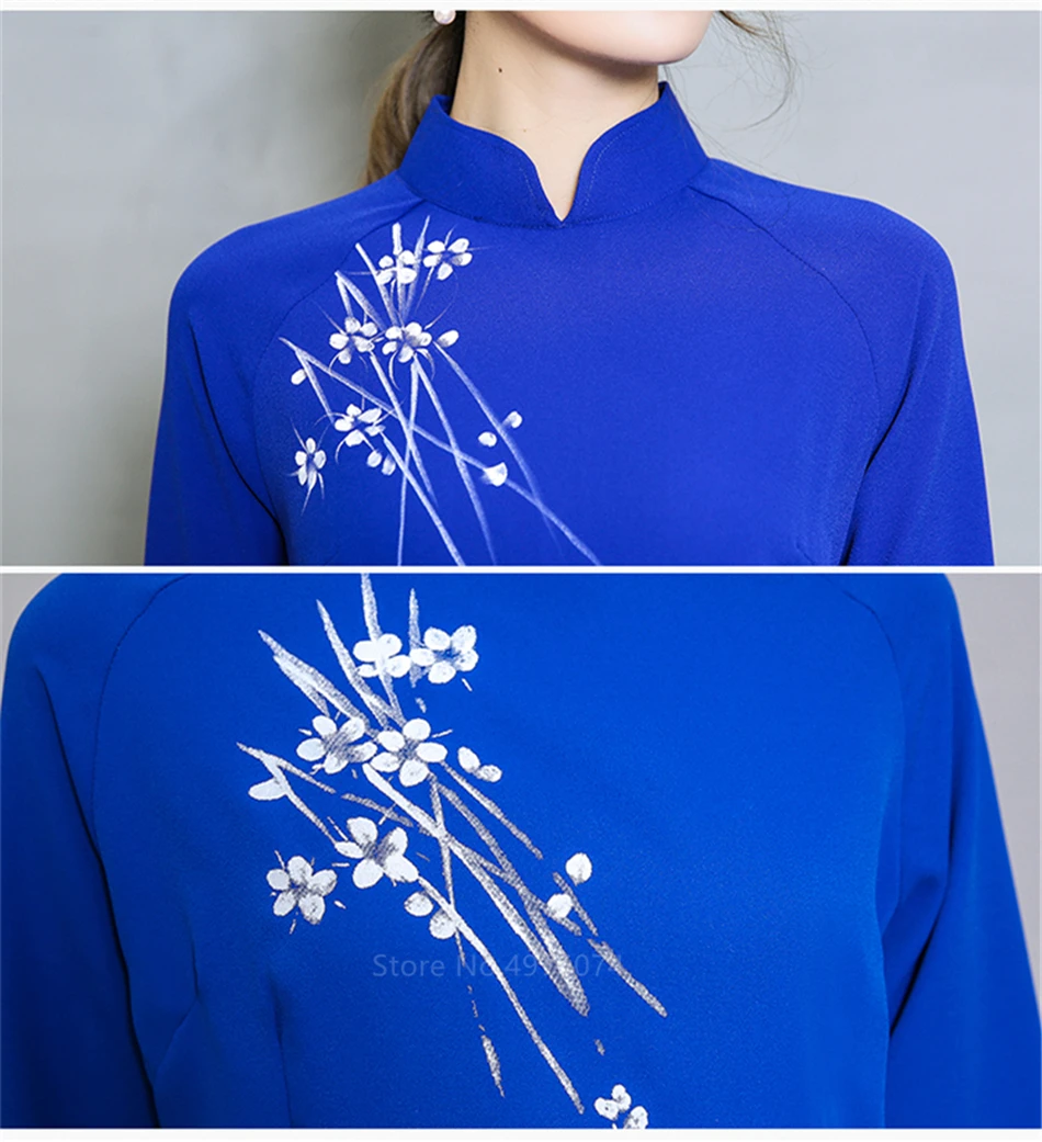 Новые вьетнамские халаты в народном стиле, шифоновое изящное платье Aodai, элегантное, со стоячим воротником, традиционная одежда, цветочный чонсам