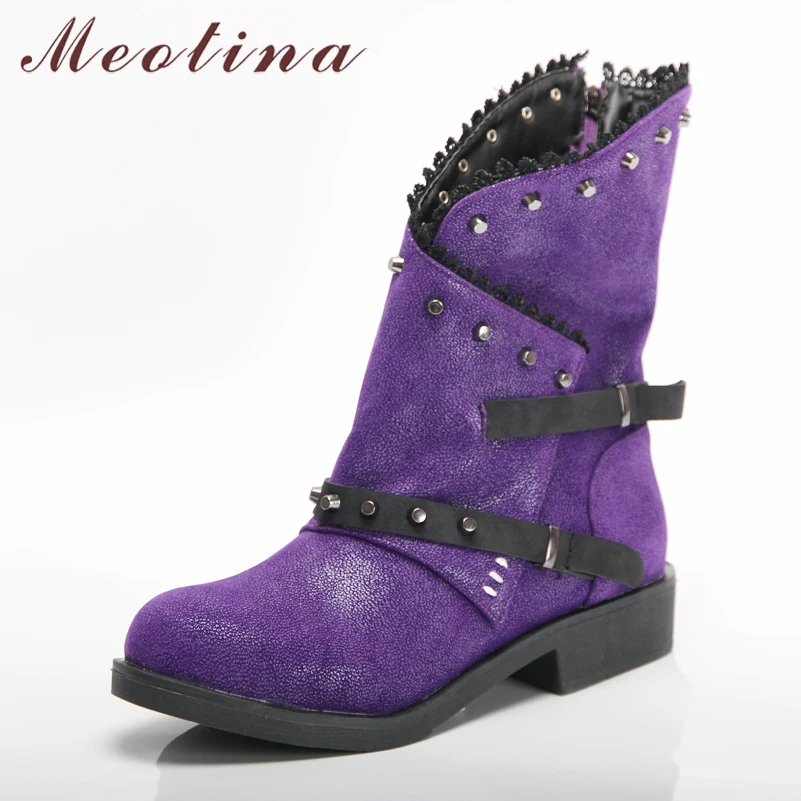 

Meotina Winter Ankle Boots Women Boots Rivets Thick Heels Short Boots Zipper Round Toe Shoes Ladies Autumn Purple Big Size 34-46
