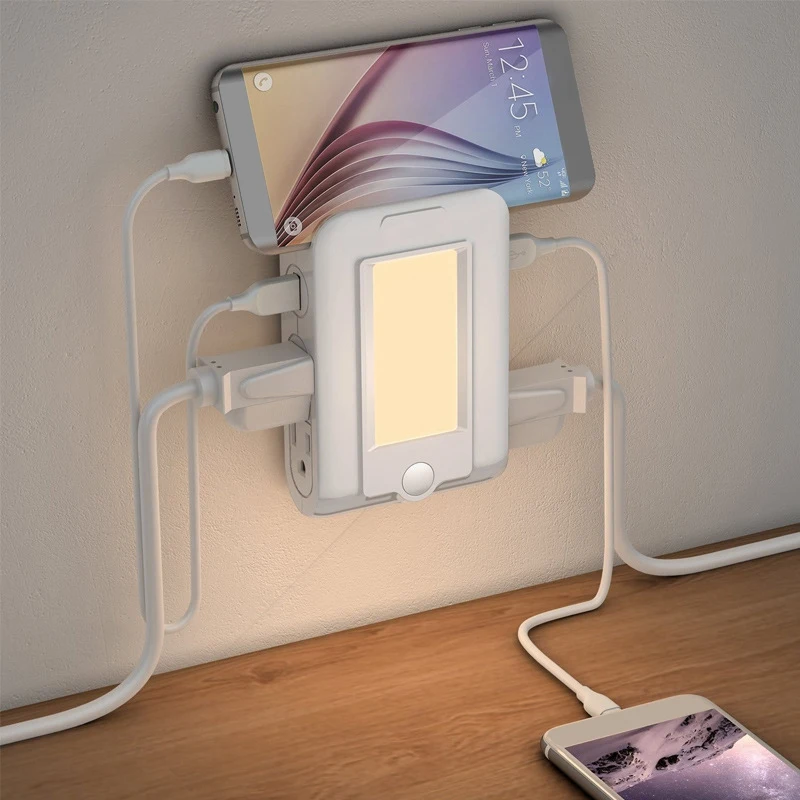 Настенное зарядное устройство, 2 порта usb и 4 розетки переменного тока зарядная станция, ночной светодиодный светильник с защитой от перенапряжения, розетка Exte