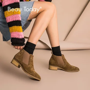 

BeauToday Chelsea Boots Women Cow Suede Elastic Band Ankle Boot Genuine Leather Top Brand Lady Shoes High Quality 03255