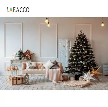

Laeacco Living Room Christmas Festivals Star Tree Gray Chic Wall Wooden Floor Party Interior Photo Background Photo Backdrops