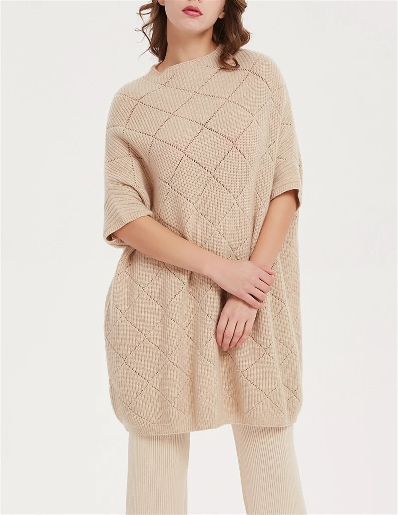 pure goat cashmere knit argyle plaid hollow out women long pullover sweater batwing short sleeve Oneck one&over size