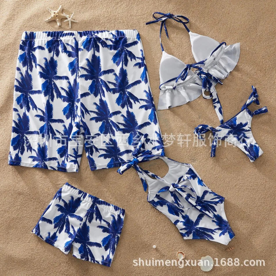 

2020 Beach Parent And Child Bathing Suit Family Swimwear Blue Leaves Printed Split Type Bikini Children Swimming Trunks Beach