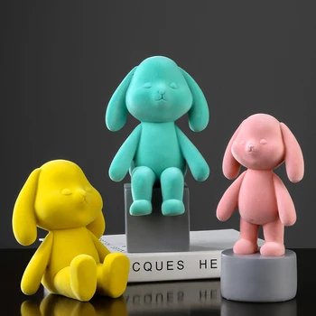 

CREATIVE FLOCKING RABBIT ORNAMENTS MINIATURE MODEL FOR HOME DECORATION ACCESSORIES HANDMADE RESIN FIGURINES CRAFTS BIRTHDAY GIFT