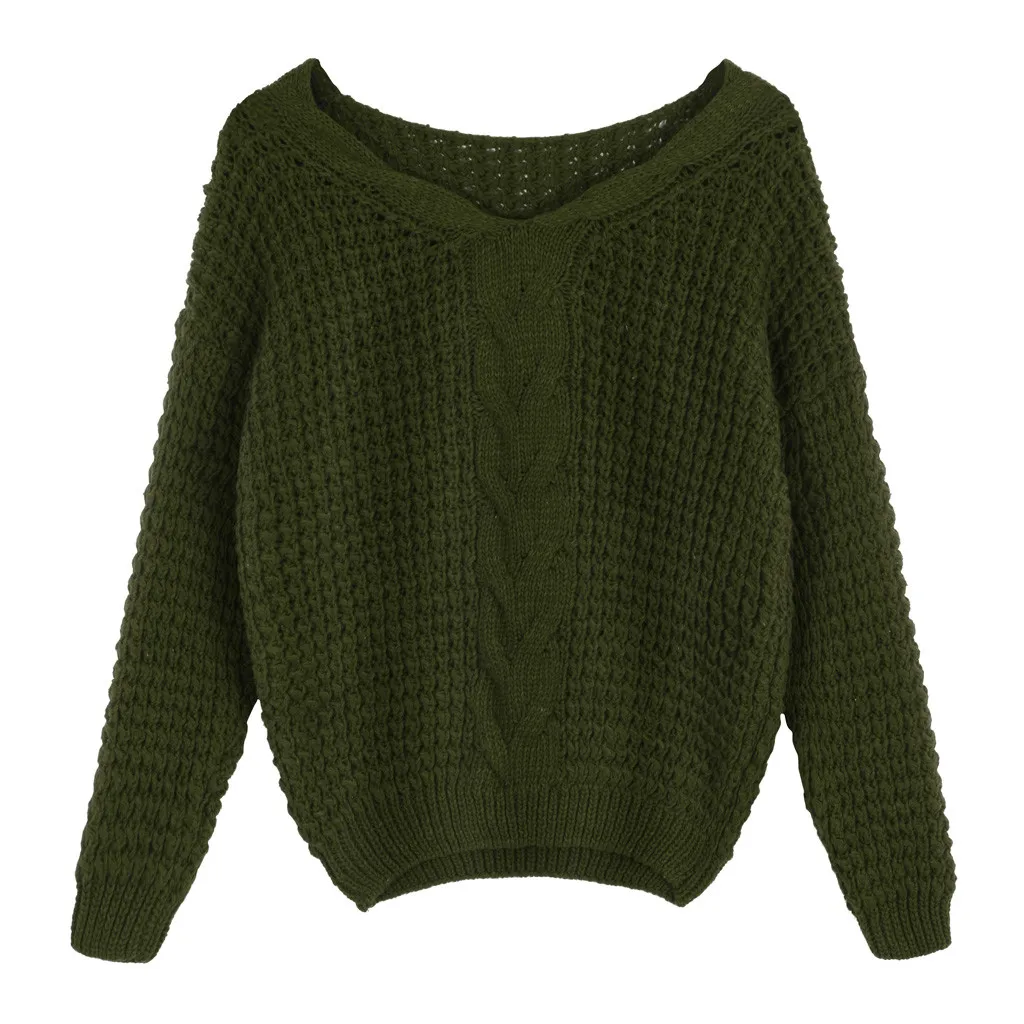 Army Green Модный женский Однотонный свитер с v-образным вырезом и длинным рукавом, пуловер, свободный утолщенный свитер, повседневный эластичный необычный свитер - Цвет: Army Green