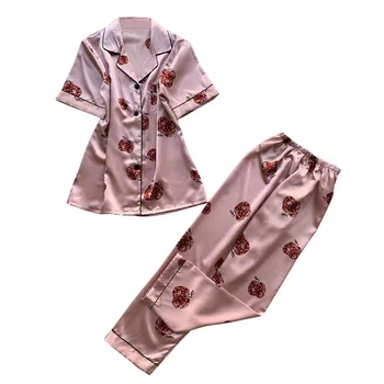

pajamas for women Simulation Silk Print Pajamas Sleepwear Long Trousers Satin Four Seasons Nightwear pajamas Set шелковые пижамы