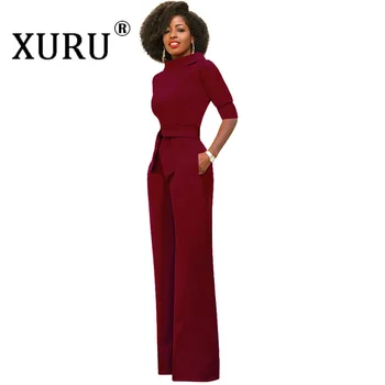 

XURU 2019 Autumn New Women's Jumpsuit Europe and America Casual Solid Color Half Sleeve Jumpsuit