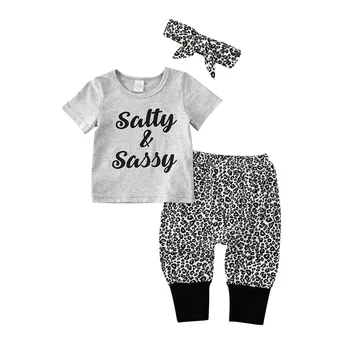 

0-24Months Salty &Sassy printed T-Shirt Top +Leopard pants +Headband 3pcs Clothing Set For New born Infant Baby Girls Clothes