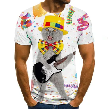 

Casual summer 3D short sleeve happy cat crew top animal print Street Style Men's T-shirt