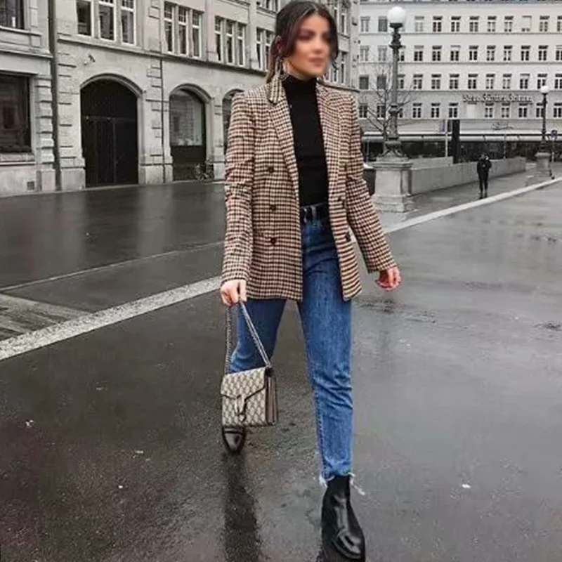 Модный женский Блейзер клетчатый тонкий кардиган костюм Femme Commuter двубортное пальто с длинным рукавом Куртка Блейзер