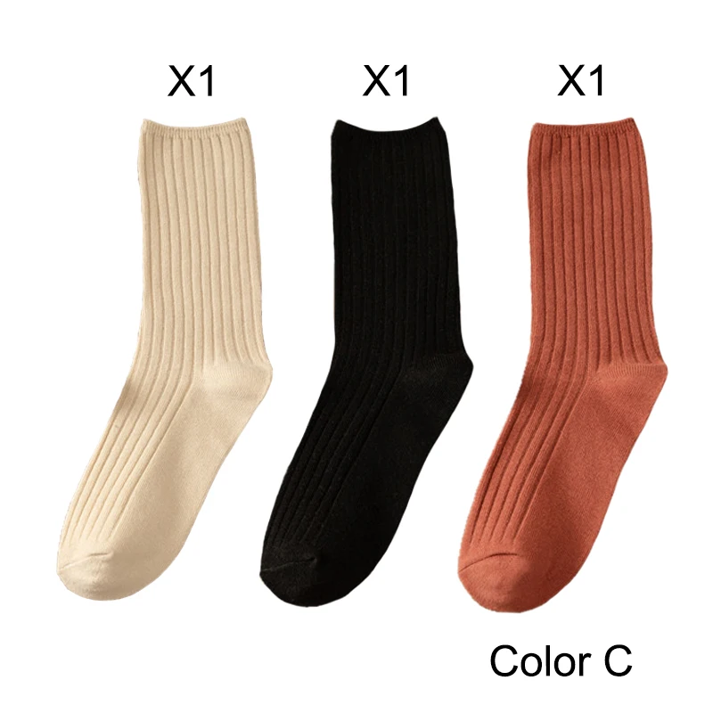 Elegant Retro Solid Color Long Cotton Socks for Women - 3 Pairs/Lot, Breathable Japanese Style Casual Wear