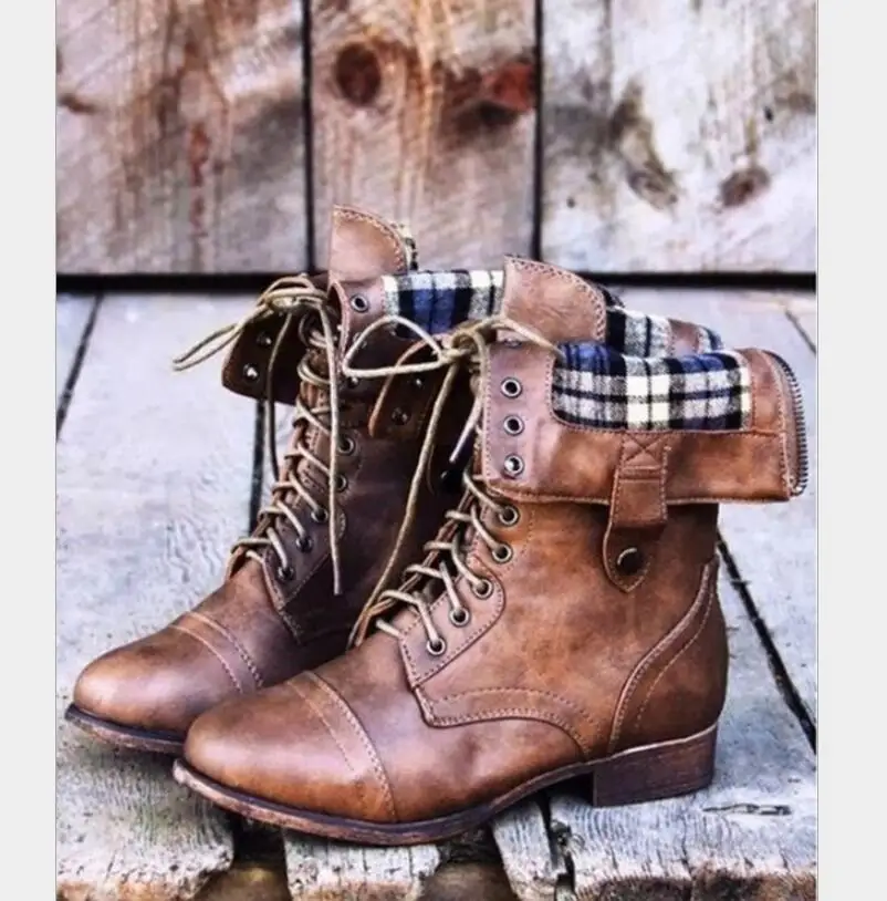 retro genuine leather plaid lace up shoes