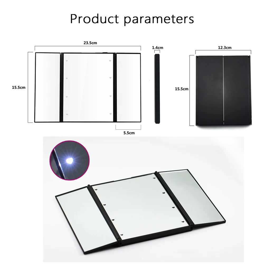 Портативное зеркало для макияжа светодиодный подсветкой переносная сумка складное тройное зеркало с подставкой с двумя батареями CR2032 косметическое зеркало