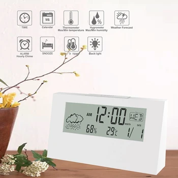 

Electric LCD Desk Alarm clock White with Calendar and Digital Temperature Humidity Modern home Office Watch Battery Operated