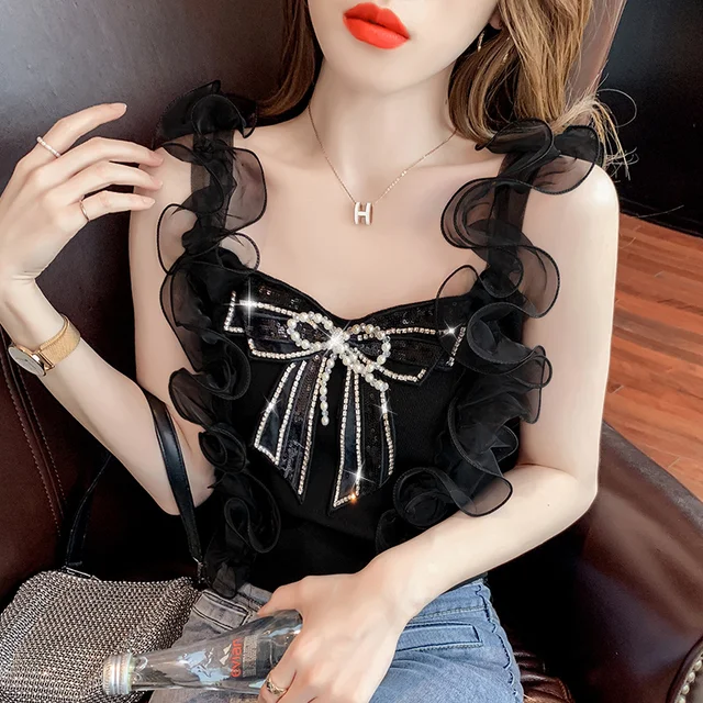 #5324 Black White Knitted Crop Top Women Tight Stretch Tank Tops Spliced Gauze Sexy Tops For Women Clubwear Bow Backless Summer Black