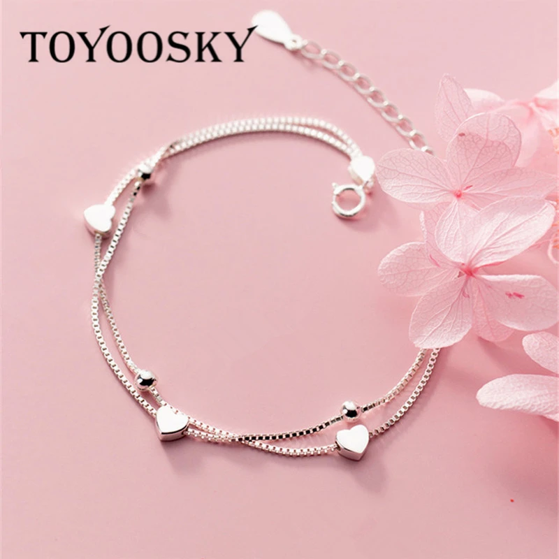 

Classic Elegant 925 Sterling Silver Double Chain Love Hearts Bracelet For Charming Women Chain Link Office OL Fine Jewelry Birth