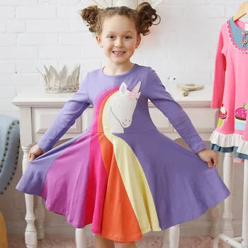 

2020 Spring Children's Purple Rainbow Dress Long-sleeved Unicorn Embroidery Dresses for Girls Cute Animal Princess Dress Clothes