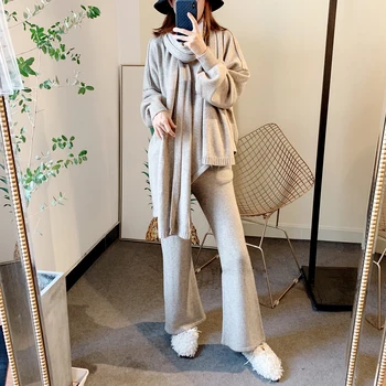 

2019 Women Wool Solf warm Knitted suit Female wide legs pullover sweater & pant 3 piece set apricot Pink Green Blue
