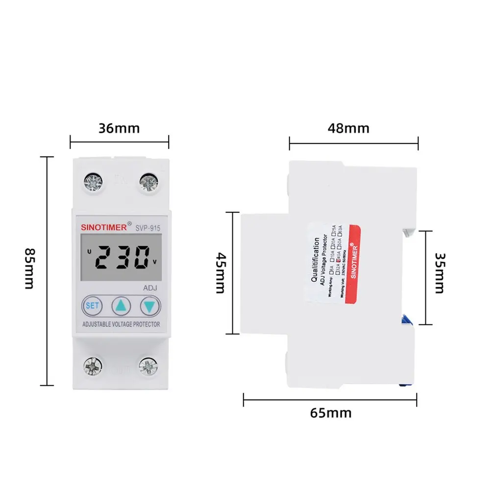 SINOTIMER SVP-915 предохранитель напряжения 230 В 40A/63A Регулируемый автоматическое восстановление под/над релейный выключатель защитное устройство с ЖК-дисплеем