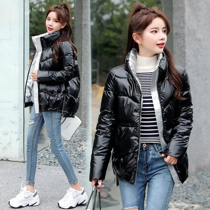 

2020 Winter Women Down Cotton Coats Plus Size Warm Outerwear Thick Fashion Stand Collar Glossy Short Jacket Female Parka Clothes