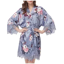Модный женский Шелковый Атласный Свадебный халат с принтом, Короткий Ночной халат, кимоно, летний халат, банный халат, нижнее белье, одежда для сна# p3