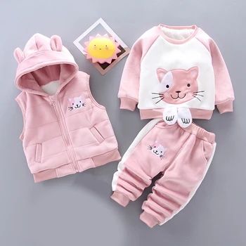 

Girls Kids Winter Cartoon Warm Suits 3PCS Zipper Vest with Hat and Cat Pattern Sweat and Striped Pants Girls Outfits