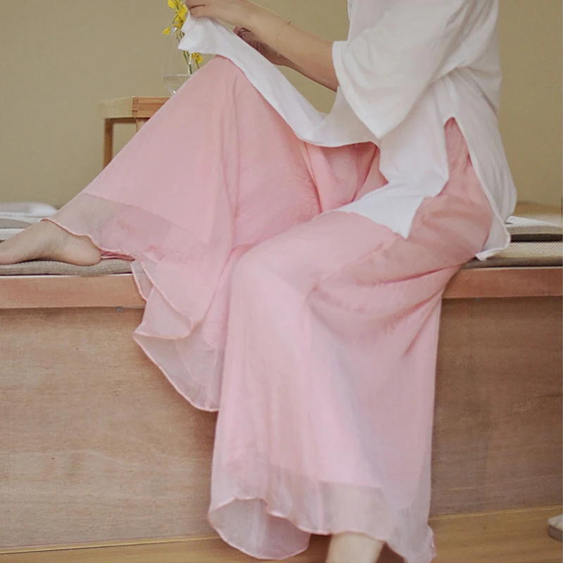 Женские брюки Hanfu в стиле Ципао женские фатиновые хлопковые и льняные с широкими