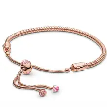 Аутентичный 925 пробы Серебряный Браслет Роза персик раздвижная застежка Регулировка браслета подходит для женщин шарик Шарм ювелирные изделия