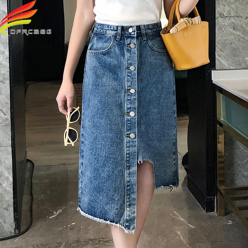 Nuevo 2020 verano Falda larga vestido Maxi faldas Jean mujeres botón bolsillos azul Jean faldas estilo Saia Vaqueros - AliExpress