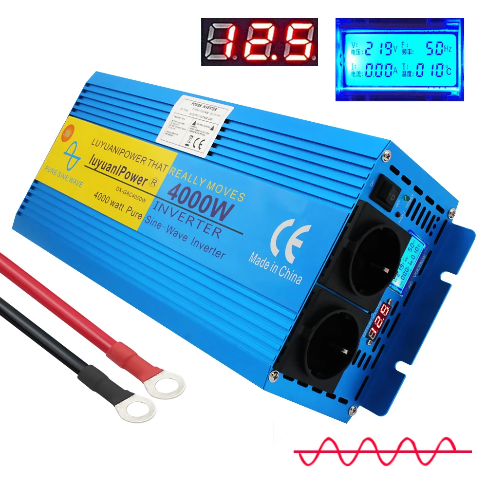 US $135.56 LCD Display 4000W peak DC12v to AC220V pure sine wave power inverter transformer  with Dual Europe Socket converter for travel