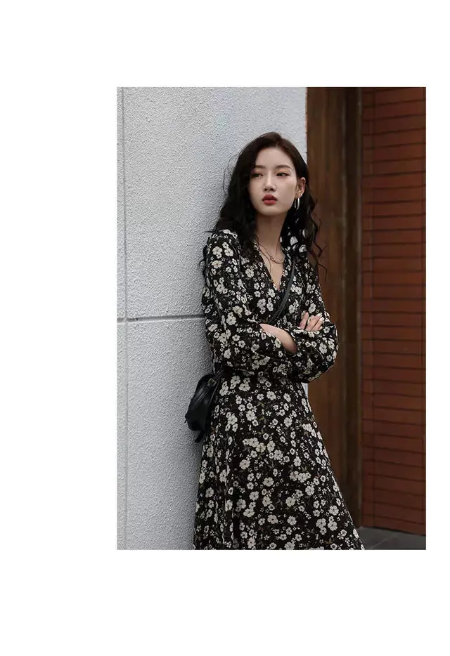 Long Sleeve Dress Women Floral Printing Temperament All-match Leisure A-line V-neck Stylish Female Streetwear Vestido Ulzzang wrap dress