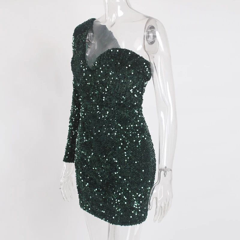 Одно плечо зеленый блестками Короткие вечерние платья один рукав Bodycon сексуальное мини-платье
