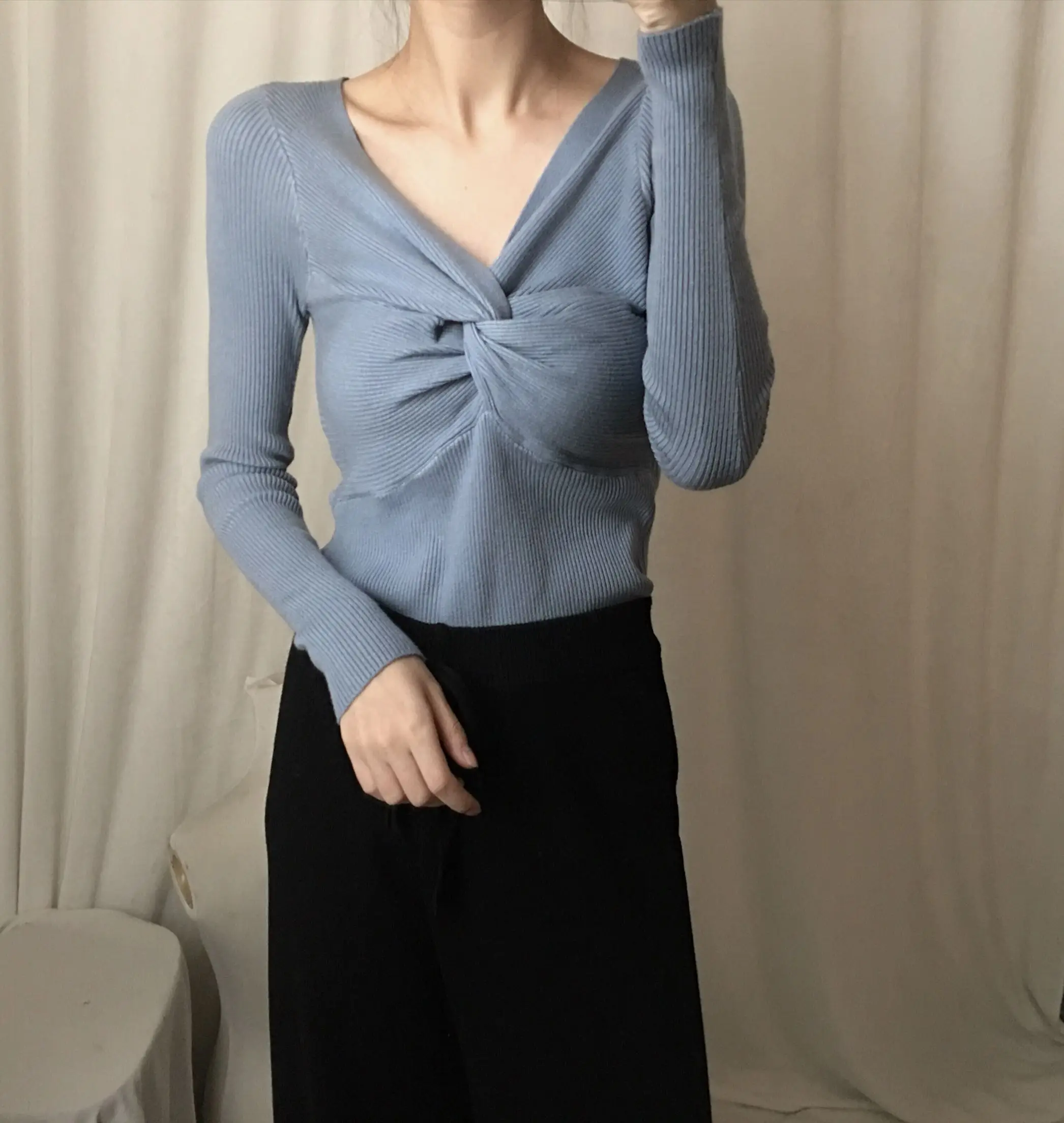 Pullover Women Spring 2020 Korean Style Sexy Cross V Neck Bodycon Knitted Sweater Tops Basic Knitwear Black Red T440 | Женская одежда