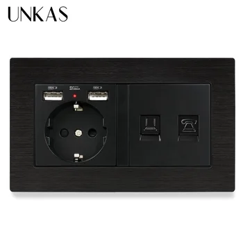 

UNKAS Aluminum Panel EU Standard Socket Pared With Dual USB Port + RJ11 Telephone Connector And RJ45 Internet Computer Jack