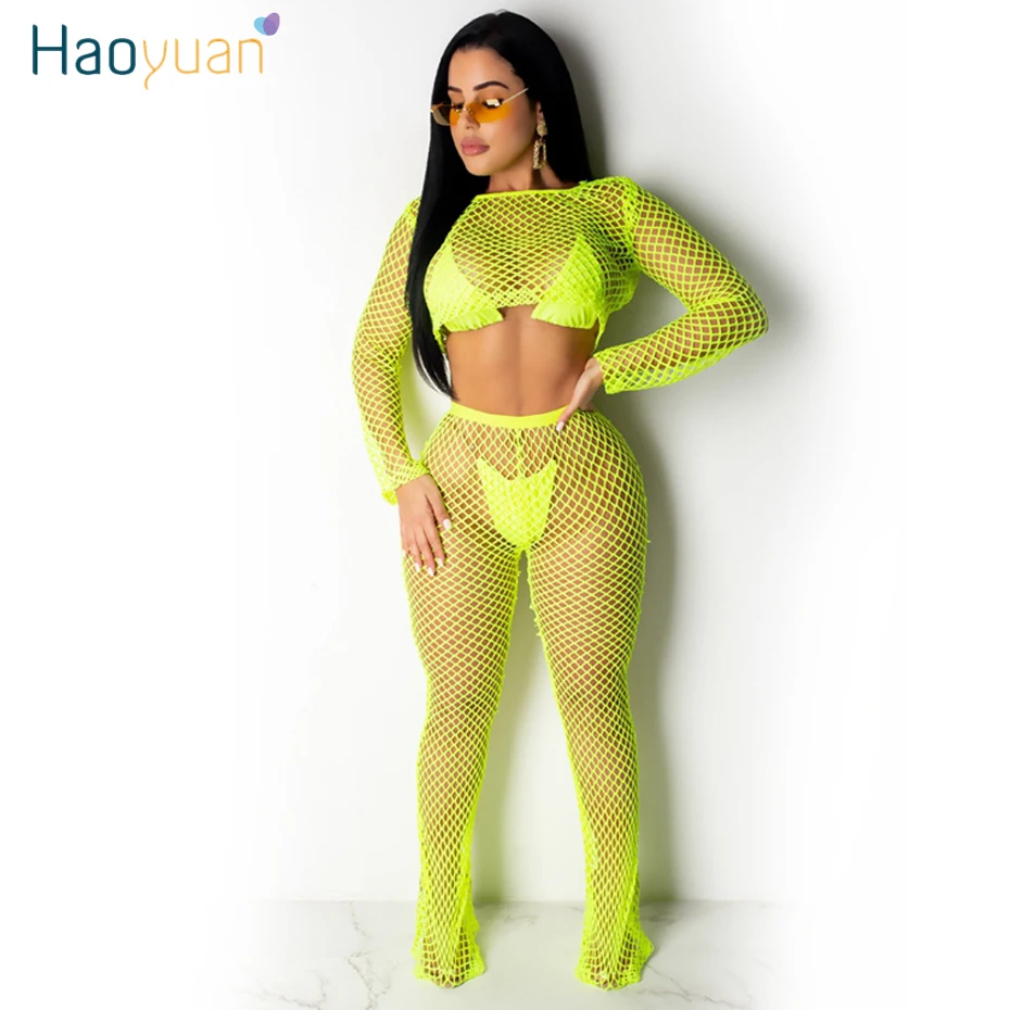 

HAOYUAN Neon Fishnet Sheer Two Piece Set Tracksuit Women Summer Beach Clothes Crop Top and Pant Sweat Suits Sexy Club Outfits