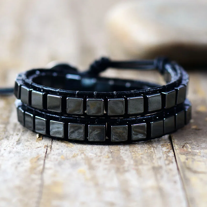 Men Leather Bracelets Square Hematite Stone 2 Strands Weaving Leather Wrap Bracelet Punk Wristband Bracelet Men Couples Jewelry