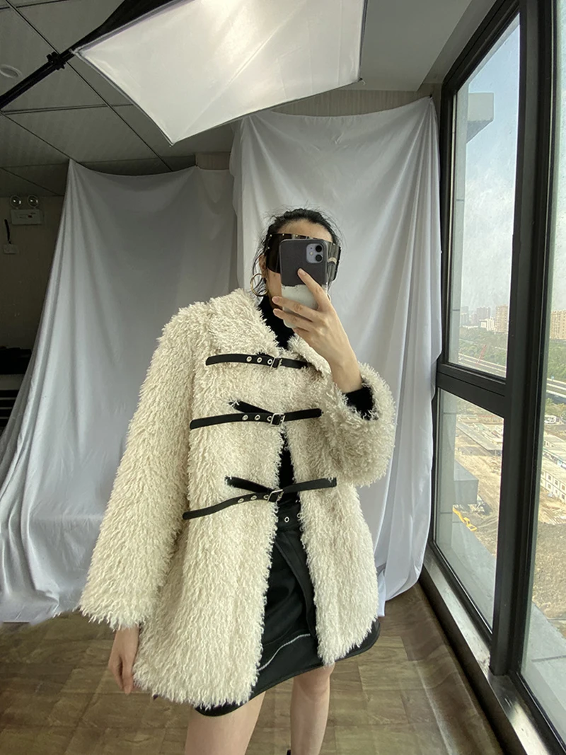 [EAM] Loose Fit Lambswool Split Big Size Thick Woolen Coat Parkas New Long Sleeve Women Fashion Tide Autumn Winter 1M420