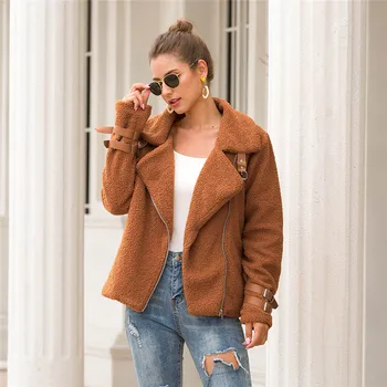 

Women Winter Coat 2019 Sexy Outerwear Warm Jackets Overcoat Long Sleeve Faux Plush Lapel Jacket Elegant Ladies Coat With Pocket