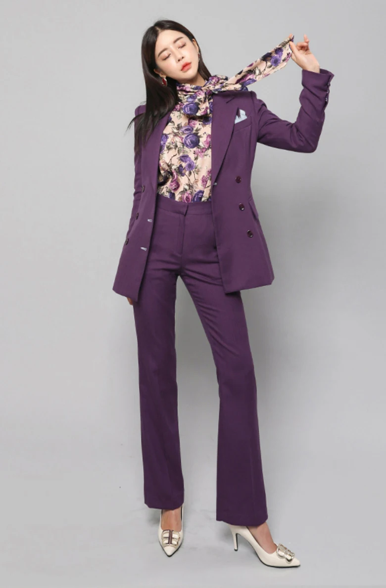 QoerliN Pants Suits Women Purple Long Sleeve Blazer Double Breasted Jacket Skinny Straight Pants Full Length 2 Piece Office Wear