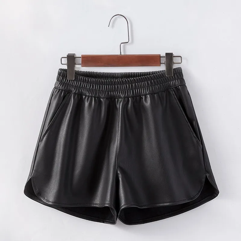 Black Женские Модные осенне-зимние Удобные однотонные повседневные свободные шорты с высокой талией и широкими штанинами из искусственной кожи - Цвет: Black