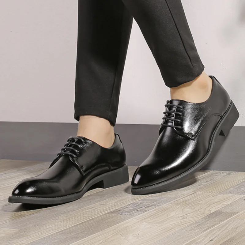 

Hidden Heel 5CM Leather Dress Shoes Men Formal Black Shoes Men Casual Party Oxford Shoes Rubber Flat Pointed Toe Sapatos Formais