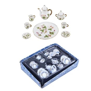 

25 Pcs Dollhouse Miniature Toy Kitchen Porcelain Tea Set, 17 Pcs 1:12 Small Floral & 8 Pcs 1/6 Small Green Leaves