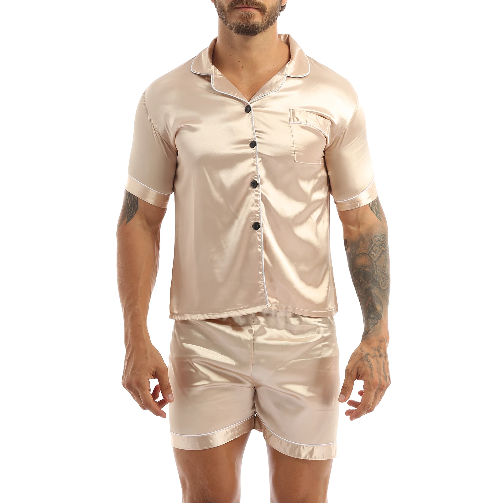 Fashion Mens Silky Satin Pajamas Set Solid Color Short Sleeves Button T-Shirt Tops with Elastic Waistband Boxer Shorts Sleepwear mens pjs sale